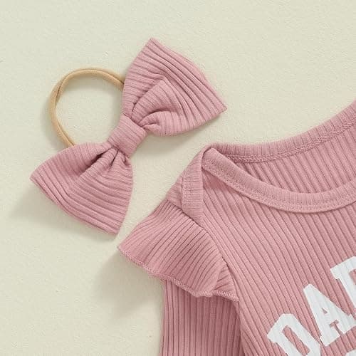 Tsnbre Newborn Baby Girl Outfits Daddys Girls Ruffle Long Sleeve Romper Top Pants Headband Infant Fall Winter Clothes thumbnail 4
