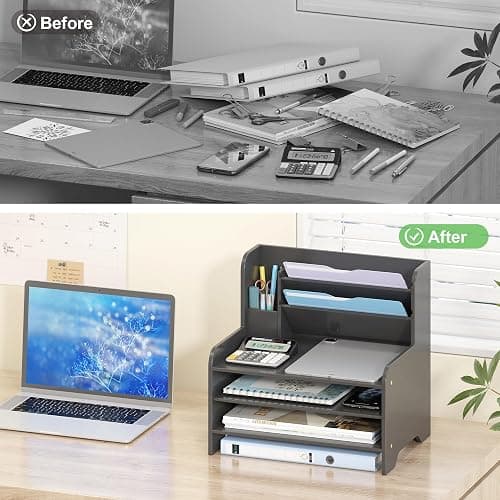 Desk File Organizer - 6-Tier Desktop Mail Letter Tray Paper Document Organizer with Pen Holder for Home Office Supplies, Office Desk Accessories & Workspace (Black) thumbnail 7