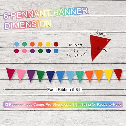 LITAUS Pennant Banner Flags - 6-Pack Pre-Strung Rainbow Party Garland | Felt Triangle Bunting for Birthdays, Baby Showers, Weddings, Pride, Carnival and Festival Decorations thumbnail 2