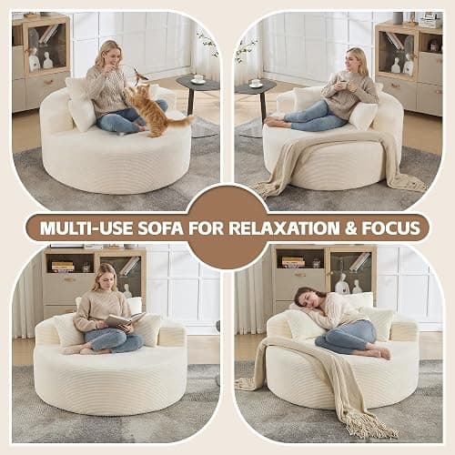 55" Oversized Round Chaise Lounge Indoor, Corduroy Boneless Bean Bag Chair, Compressed Cloud Floor Sofa, No Assembly Comfy Oversized Round Chair Fluffy Accent Chair for Living Room Bedroom, Beige thumbnail 3