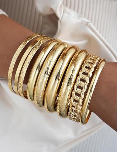 ÌF ME Gold Bangle Bracelets for Women, 19Pcs Multi Stackable Bangles Set | 14K Gold Plated, Chunky Textured Bracelet Stack, Fashion Boho Jewelry, Indian Bangles, Gifts for Women thumbnail 4