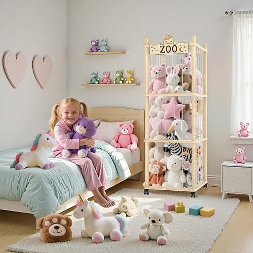 Stuffed Animal Storage Zoo Tower,56In Wooden Large Stuffed Animal Holder Organizer with Wheels,Stuffy Plushies Storage with Elastic Band&Mesh Bottom,Toy Storage Organizers for Playroom Bedroom Nursery thumbnail 2