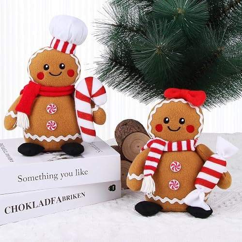 BWFY Christmas Gingerbread Man Plush Toys Set of 2, Festive Gingerbread Couple Stuffed Animals with Candy Props, Xmas Decorations & Gifts, Christmas Holiday Home Decor thumbnail 4
