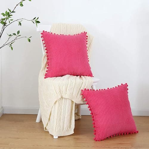 sykting Hot Pink Throw Pillow Covers 18x18 inch Soft Striped Boho Farmhouse Decorative Pillow Covers with Pom Poms for Couch Sofa Bed Chair Outdoor Pack of 2 thumbnail 2