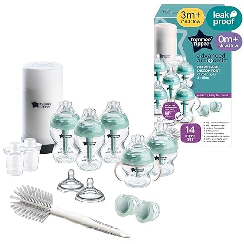 Tommee Tippee Advanced Anti-Colic Bottle, Warmer & Pacifier Set, 0m+ | 14 Pieces, 5 BPA Free Bottles, Travel Bottle Warmer, 2 Newborn Pacifiers, 2 Extra Nipples, Cleaning Brush, Bottle Handles - Image 1