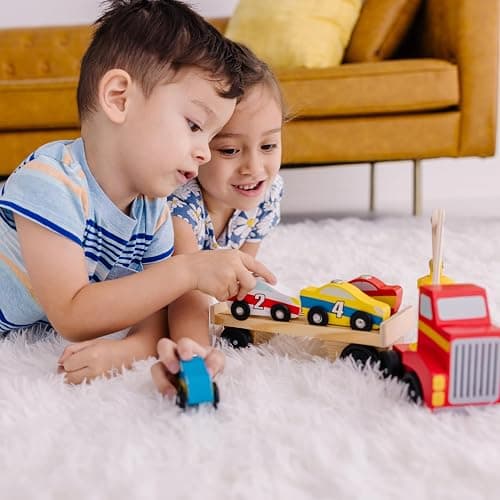 Melissa & Doug Magnetic Car Loader Wooden Toy Set with 4 Cars and 1 Semi-Trailer Truck Crane Wooden Toy, Vehicle Toys for Kids Ages 3+ thumbnail 2