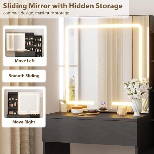 GarveeHome Makeup Vanity Desk with Sliding Mirror, Vanity Dressing Table with 3 Color Adjustable Lights, Girls Vanity Set with Stool, 4 Compact Vanity Drawers, Power Outlet, Black thumbnail 5