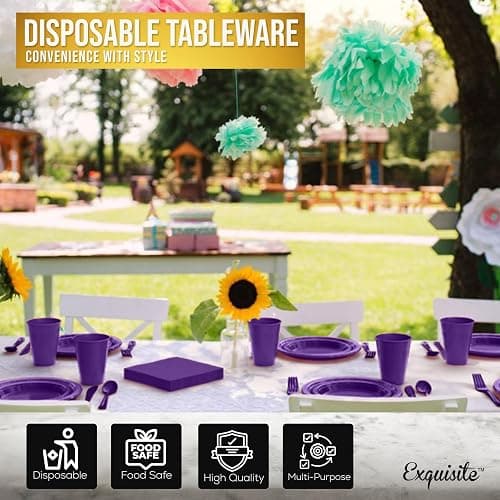 350 Pcs Purple Plastic Plates For Party, Purple Disposable Plates Set, 50 Of Each 9" Dinner Plate Set, 7" Dessert Plate, Cups, Napkins & Cutlery Plastic Dinnerware Set Exquisite thumbnail 5