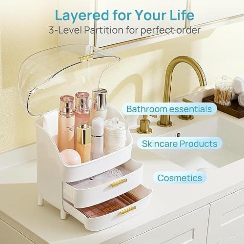 Vtopmart 3-Tier Skincare Makeup Organizer with Drawers and Lid for Vanity and Bathroom Countertop, Large Cosmetic Storage Box Case for Dresser, with Non-Slip Base thumbnail 4