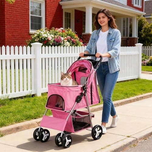 ZENY Foldable Pet Stroller, Cat/Dog Stroller with 4 Wheel, Pet Travel Carrier Strolling Cart with Storage Basket, Cup Holder (Pink) thumbnail 2