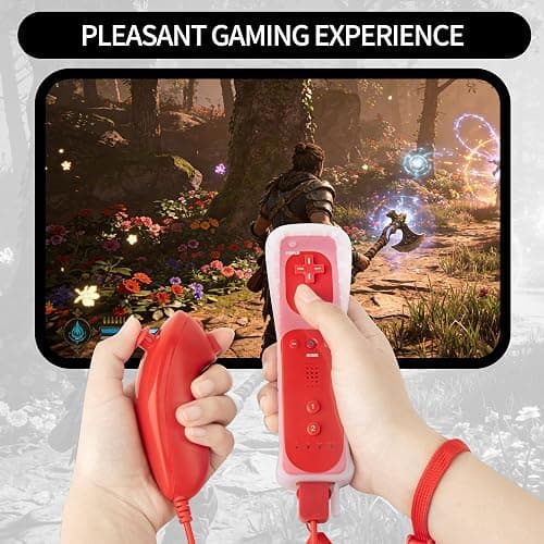 PaveRovi 2Pack Motion Plus Wii Controllers with Nunchucks,Wii Remote Controllers with Built in Motion Plus Compatible for Wii/Wii U Consoles(Red+Black) thumbnail 6