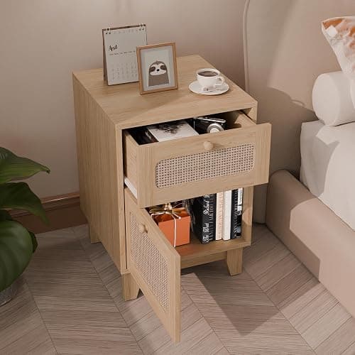 Modern Wicker Rattan Nightstand Set of 2, Rattan Stand with Drawer and Storage Space, Wooden Side End Table for Small Spaces, Natural Wood BedsideTable for Bedroom thumbnail 4