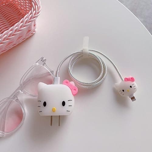 3D Cute Cartoon Wall Charger Protector Case - Compatible for Apple 20W USB-C Power Adapter and Lightning Cable No.01(4in1) thumbnail 3