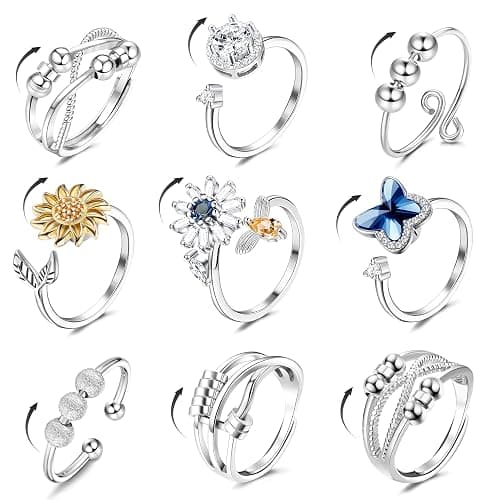 sailimue Anxiety Ring Fidget Ring for Women Men Spinner Fidget Rings for Anti Anxiety Adjustable Open CZ Flower Bead Stress Relieving Spinning Rotatable Rings 9 Pcs - Image 1