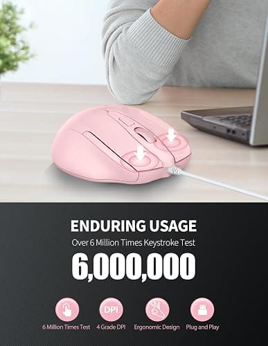 TECKNET Wired Mouse, 6-Button Corded with 4 Adjustable DPI, Optical Ergonomic Design, 5FT Cord for Laptop, Chromebook, PC, Desktop, Mac, Notebook - Pink thumbnail 5