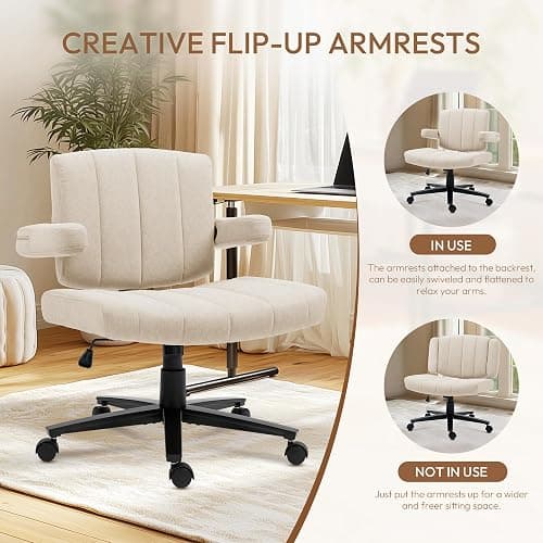 Vigosit Criss Cross Chair with Wheels – Comfortable Vanity Chair, Wide Rolling Cross Legged Office Chairs with Arms, Adjustable Desk Chairs Comfy for Home Office, Swivel Task (White) thumbnail 6