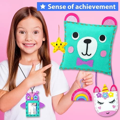 KRAFUN My First Sewing Kit for Beginner Kids Arts & Crafts, 7 Easy DIY Projects of Stuffed Animal Dolls and Plush Pillow Craft, Instructions & Felt, Gift for Girls, Boys, Learn to Sew, Embroidery thumbnail 4