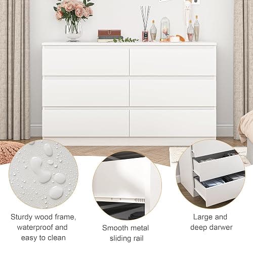 Spaco White 6 Drawer Dresser for Bedroom,48'' Modern Dresser with Deep Drawer,Wide Storage Chest of Drawers,Bedroom Storage Organizer Furniture,TV Stand for Living Room thumbnail 4