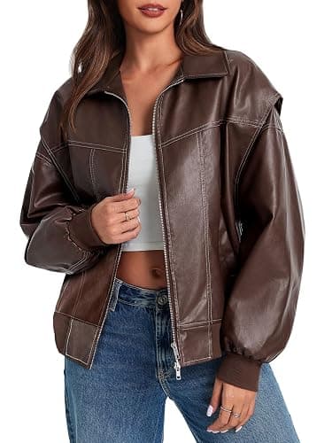Tankaneo Womens Oversized Leather Bomber Jackets Cap Sleeve Zip Up Motorcycle Coats with Pockets - Image 1