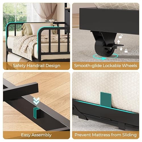ADORNEVE Daybed with Trundle, Twin Day Bed with Storage Headboard & Charging Station, Height Adjustable Metal Trundle Bed Twin, Sofa Bed Frame for Living Room, Bedroom and Guest Room, Black thumbnail 8