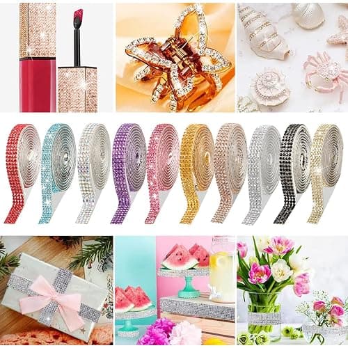 ZXTGBQ 10 rouleaux de ruban de strass autocollant, Ruban Strass Autocollant, Strass et Paillettes, Rubans Décoratifs, Pierres Scintillantes, Accessoires de Bricolage, (couleurs assorties, 0,9 cm) thumbnail 6