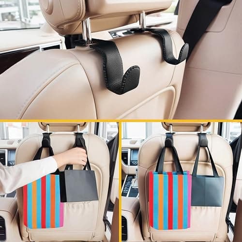 EldHus Headrest Hooks for Purses and Bags, 2 Pack Car Seat Hooks for Grocery Bag Handbag, Metal Car Purse Holder Covered by Leather, Black thumbnail 4