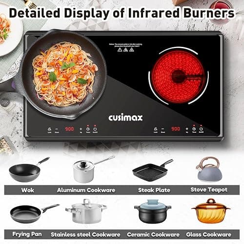 Electric Stove,Cusimax Electric Hot Plate for Home,9 Temperature and 1800w Power Level,Double Infrared Burner with Sensor Touch,Kids Safety Lock,Timer,Ceramic Countertop Stove thumbnail 6