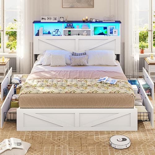 VIAGDO Farmhouse Bed Frame Full Size with Bookcase Storage Headboard, Charging Station and LED Lights, Wooden Full Bed Frame with 4 Drawers, Barn Door Design, No Box Spring Needed, No Noise, White thumbnail 7