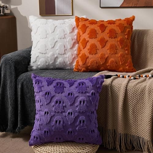 DFXSZ Halloween Pillow Covers 18x18 inch 2Pcs Purple Halloween Decor | Halloween Decorations Set of 2 Throw Pillow Cases Plush Faux Fur Wool Cushion for Chair Sofa Bedroom Living Room Home Decor thumbnail 4