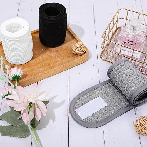 Whaline 3Pcs Spa Facial Headband White Black Grey Head Wrap Terry Cloth Waffle Adjustable Makeup Headband for Bath Sports Washing Face Shower thumbnail 3