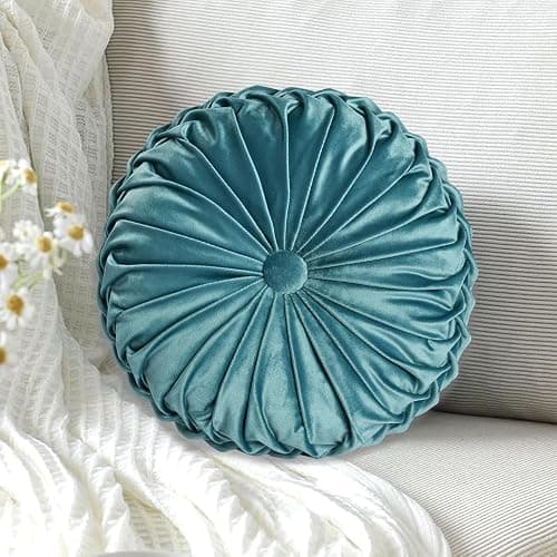 HIG Set of 2 Teal Ruched Velvet Round Throw Pillows – 14.5’’ Decorative Pillows with Soft Polyester Filling for Couch, Bed, Living Room, Bedroom, or Dorm – Handmade, Stress Relieving, All-Season thumbnail 2
