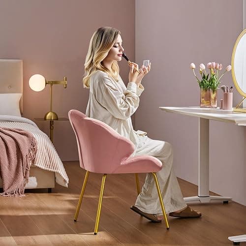 Yaheetech Velvet Armchair, Accent Tub Chair with Metal Legs, Cute Vanity Chair with Shell Shaped Backrest for Living Room/Bedroom/Makeup/Office, Pink thumbnail 5