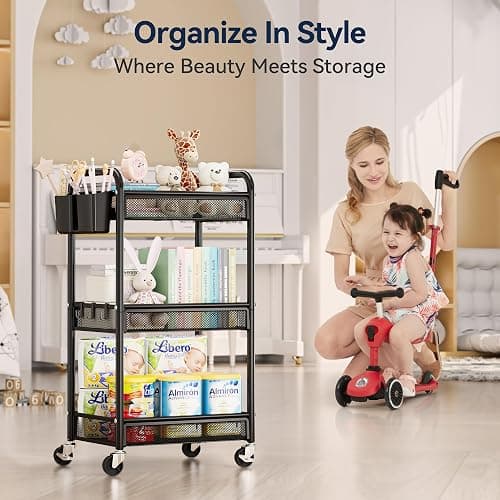  3 Tier Rolling Cart – Metal Utility Storage Carts with Wheels, Craft Cart Organizer with Hanging Cups, Hooks, Mesh Basket for Bedside Kitchen Office Art, Black thumbnail 7