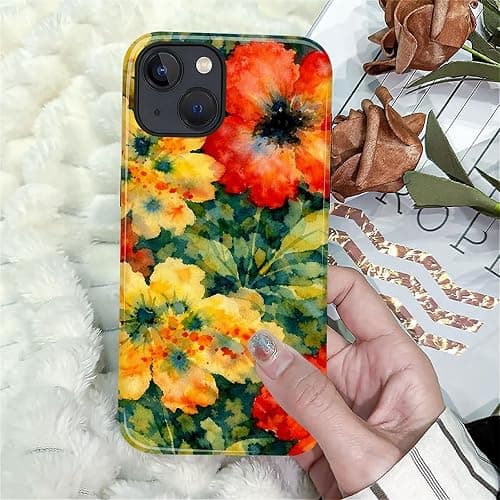 OURZPO Case Compatible with iPhone 15,Double Layer Protection, Matte Finish, Anti-Drop and Anti-Fingerprint Armor -Yellow and Red Watercolor Flowers thumbnail 6