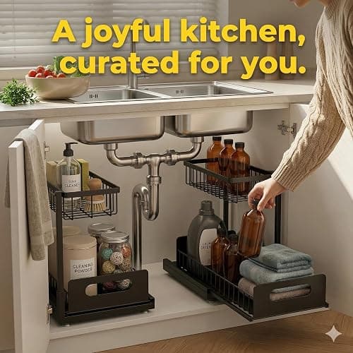 MERATIA Under Sink Organizer 2 Tier, Pull Out Drawer Slides Under Sink Storage for Bathroom Kitchen,Multi-Purpose Drawer Under Cabinet Organizer for Cleaning Supplies (Black, 2 Pack) thumbnail 3