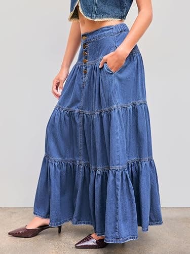 CIDER Women’s Long Jean Denim Tiered Button Down High Waisted Maxi Skirts thumbnail 3