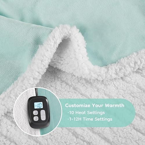 Electric Heated Blanket Full Size 72"x84", Dual-Sided Soft Flannel & Sherpa, LCD Display 10 Heat Settings with 1-12H Timer & Overnight Safe, Bed & Couch, Machine Washable, Light Green thumbnail 3