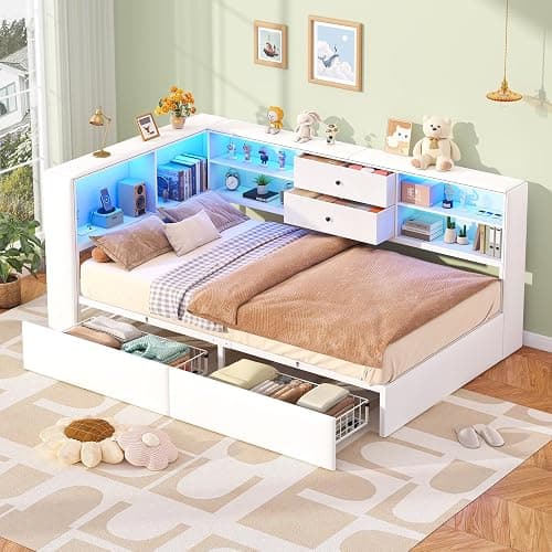 Twin Corner Bed Frame with Storage Bookcase and 4 Drawers, Upholstered Daybed Twin Size with Charging Station & LED Lights, White L-Shape Twin Size Bed Frames Metal Platform Bed for Kids Teenagers thumbnail 8