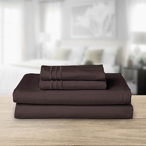 Elegant Comfort Luxurious 1500 Premium Hotel Quality Microfiber Three Line Embroidered Softest 4-Piece Bed Sheet Set, Wrinkle and Fade Resistant, Twin/Twin XL, Chocolate Brown thumbnail 2