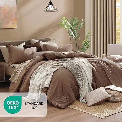 Monbix Queen Comforter Set - 7 Pieces Cationic Dyeing Brown Bed in a Bag Queen Bedding Sets with Comforter, Sheets, Pillowcases & Shams, Reversible Bedding Comforters Sets thumbnail 4