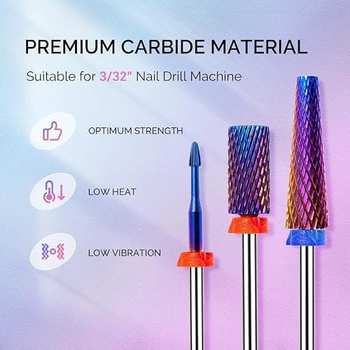MelodySusie 3Pcs Nail Drill Bits Set, 3/32'' Carbide Tungsten Bits, Super Long 5 in 1, Flat Top Large Barrel and Cuticle Bits, Suitable for Manicure Pedicure Cuticle Gel Acrylic Remover, Purple thumbnail 2