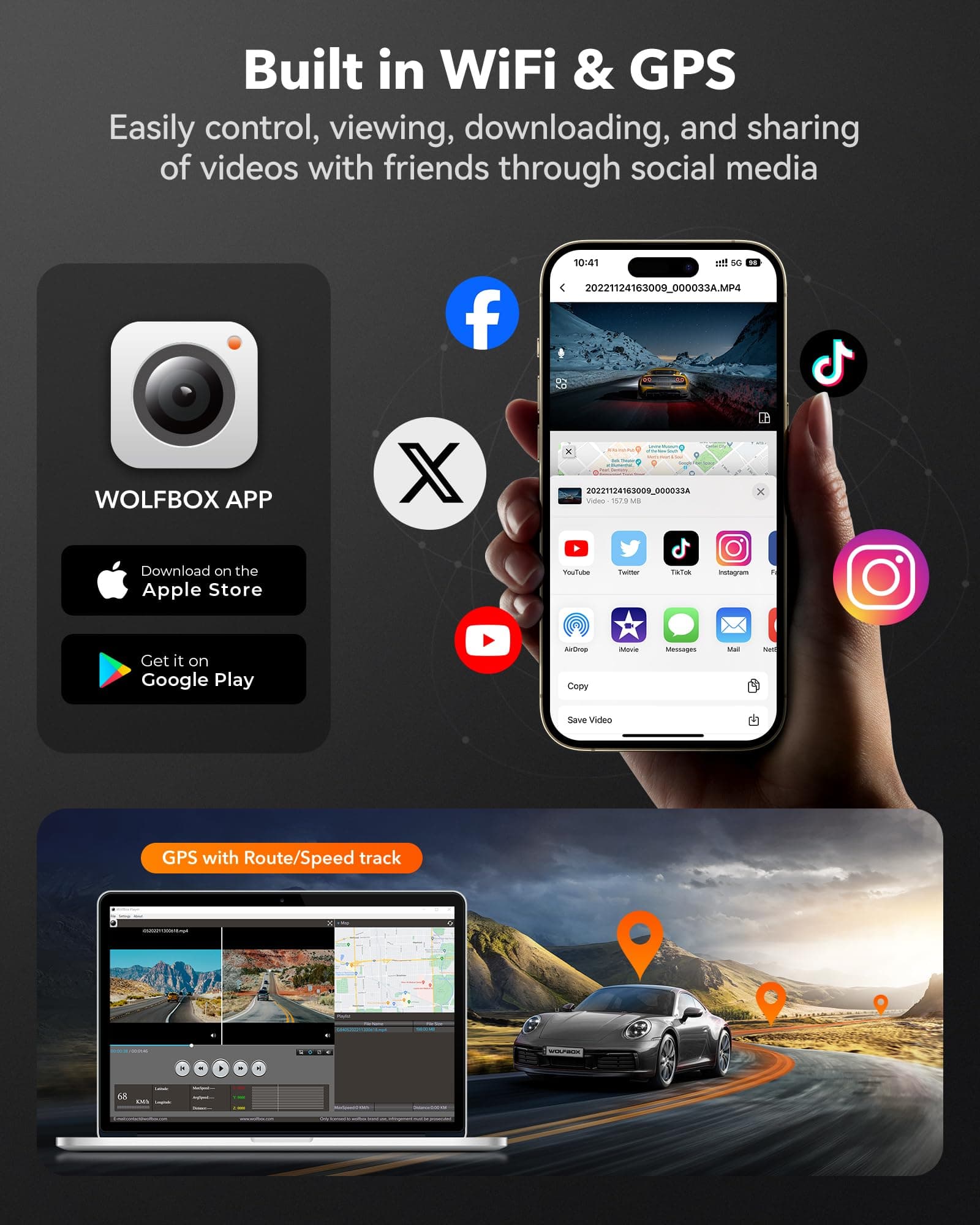 WOLFBOX Cámara Dash Cam 4K Frontal y Traseira para Carro, WiFi UHD 2160P/1080P, Incluye Tarjeta de 32 GB, GPS, WDR, Visión Nocturna, Modo Aparcamiento 24 h, Sensor G, Grabación en Bucle (hasta 256 GB) thumbnail 4