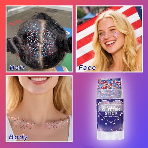Paminify Red White Blue Hair Glitter Stick,Memorial Day Patriotic 250th America Face Body Glitter,4th of July Accessories,Fourth of July Outfits for Women, Waterproof Glitter Makeup for Football Game thumbnail 4