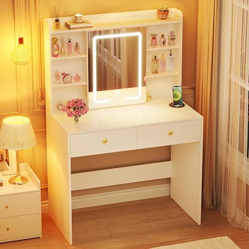 HUAHUU Vanity Desk with Mirror and Lights, 31" Makeup Vanity Desk with Lights 3 Colors, Small Vanity with 2 Storage Drawers & 6 Shelves for Girls Women Bedroom, White thumbnail 7