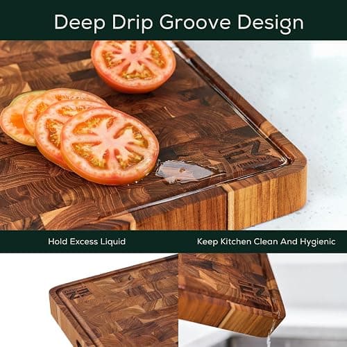 EZ FURNITURE Non-Toxic Teak Wood Cutting & Serving Board, Luxury Ideal Christmas Gift for Kitchen, Knife Friendly, Pre-Oiled End Grain with Juice Groove & Handles (L 20" x 15" x 1.5", 11.90 lbs) thumbnail 7