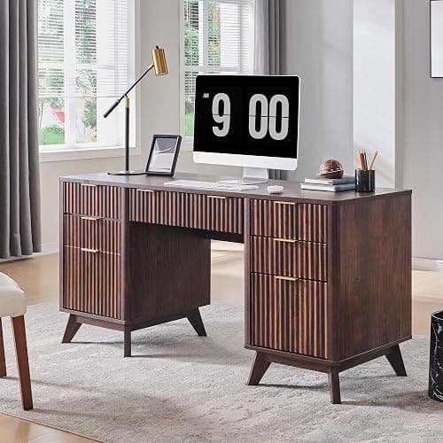 T4TREAM Fluted Executive Desk with Drawers, 60" Modern Home Office Computer Desk with Charging Station, File Cabinet, Keyboard Tray and Storage Cabinet for Study, Living Room, Bedroom, Dark Walnut - Image 1