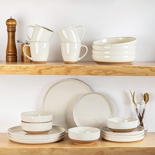 AmorArc Ceramic Dinnerware Sets, Handpainted Plates and Bowls Set with Rustic Terracotta Underside, Scratch Resistant Stoneware Dishes Set, Dishwasher & Microwave Safe thumbnail 9