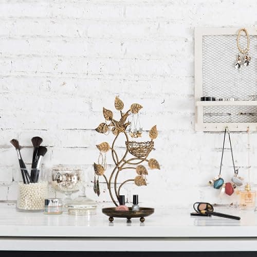 MyGift 14-Inch Bronze-Tone Tree & Bird Nest Earring Stand Jewelry Tower with Ring Trinket Organizing Tray thumbnail 4