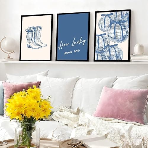 3 Pcs How Lucky Are We Canvas Wall Art Blue Disco Bows Posters Coastal Cowgirl Pictures Print Girly Western Wall Art Aesthetic Dorm Decor for Girls Room Bedroom Living Room Apartment Bathroom Decoration 12*16In Unframed thumbnail 3