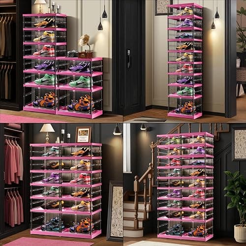 CIMLORD 9-Tier Foldable Shoe Rack for Closet Entryway 18-36Pairs, Stackable Clear Shoe Storage Boxes Organizer With Door Plastic Shoe Cabinet Bins with Lids Shoes Shelf Easy Assembly Large（Black-pink） thumbnail 6